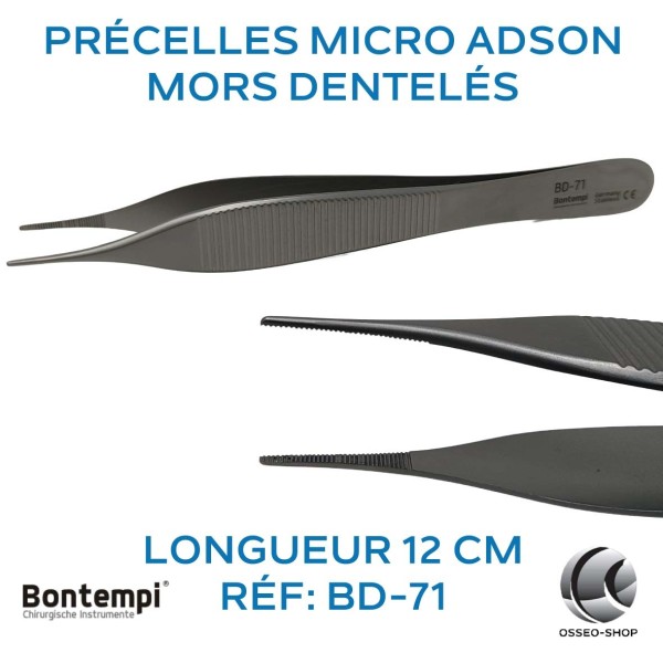 Précelles micro Adson - mors dentelés - 12 cm