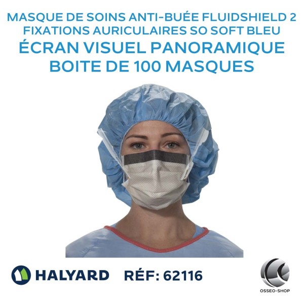 Masque de soins anti-buée FLUIDSHIELD* 2 avec fixations auriculaires SO SOFT bleu, avec écran visuel panoramique