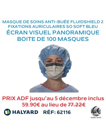 Masque de soins anti-buée FLUIDSHIELD* 2 avec fixations auriculaires SO SOFT bleu, avec écran visuel panoramique
