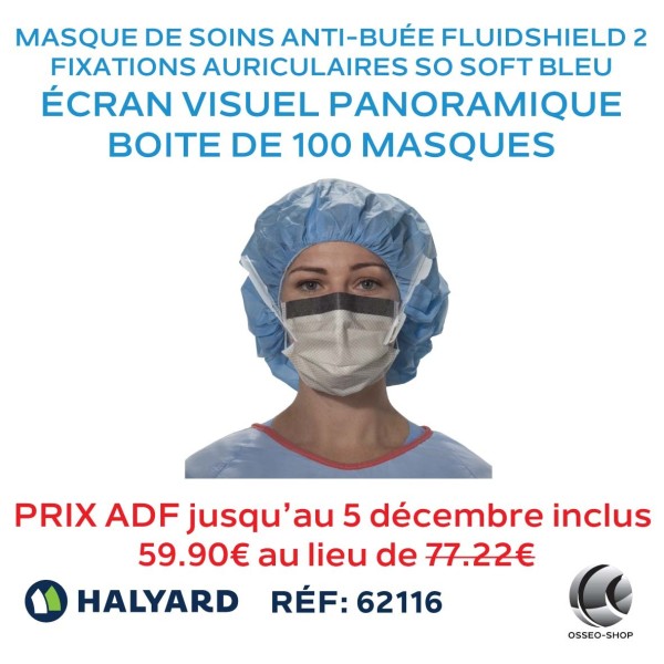 Masque de soins anti-buée FLUIDSHIELD* 2 avec fixations auriculaires SO SOFT bleu, avec écran visuel panoramique