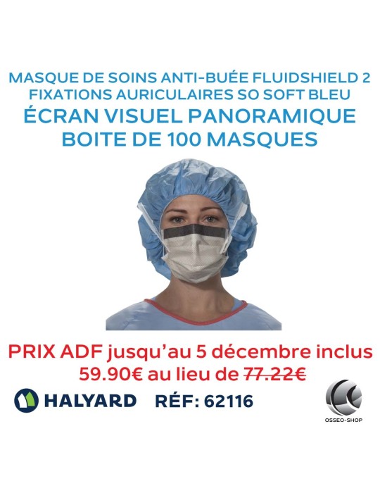 Masque de soins anti-buée FLUIDSHIELD* 2 avec fixations auriculaires SO SOFT bleu, avec écran visuel panoramique