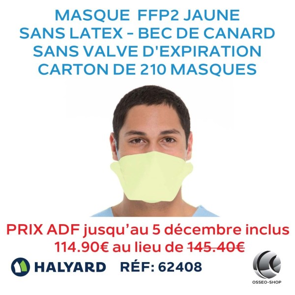 Masque type FFP2 jaune, sans latex en bec de canard et sans valve d'expiration