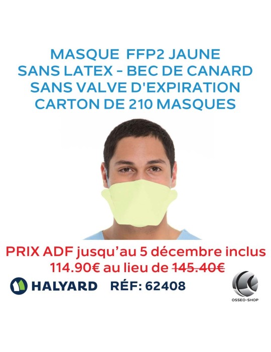 Masque type FFP2 jaune, sans latex en bec de canard et sans valve d'expiration