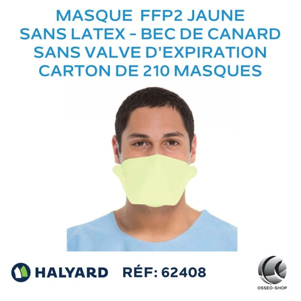 Masque type FFP2 jaune, sans latex en bec de canard et sans valve d'expiration