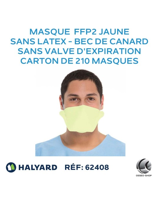Masque type FFP2 jaune, sans latex en bec de canard et sans valve d'expiration