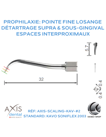Insert à pointe fine, coupe losange, Détartrages supra et sous-gingival et espaces interproximaux