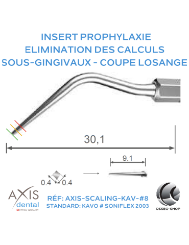 Insert prophylaxie - Coupe losange pour l'élimination des calculs sous-gingivaux
