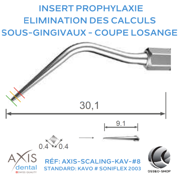 Insert prophylaxie - Coupe losange pour l'élimination des calculs sous-gingivaux