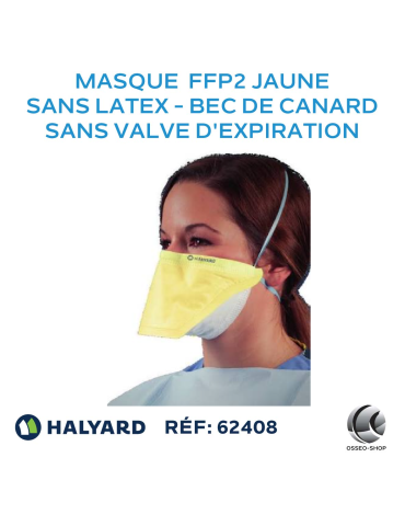 Masque type FFP2 jaune, sans latex en bec de canard et sans valve d'expiration