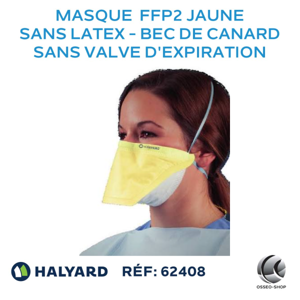 Masque type FFP2 jaune, sans latex en bec de canard et sans valve d'expiration - boîte de 50 masques
